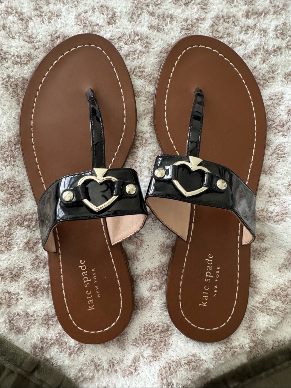 kate spade Black Patent Heart-Accent Toe-Post Sandals